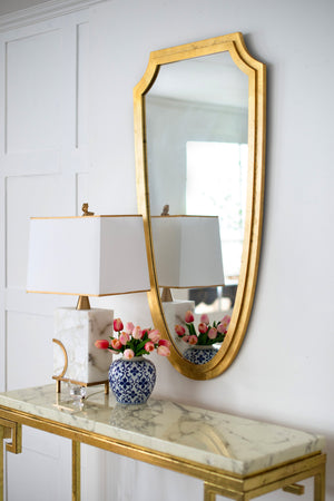 English Elm 24x46" Shield-Shaped Decorative Mirror with Gold Frame — Chic Wall Accent for Foyer, Bath, Living Room W2078P399177