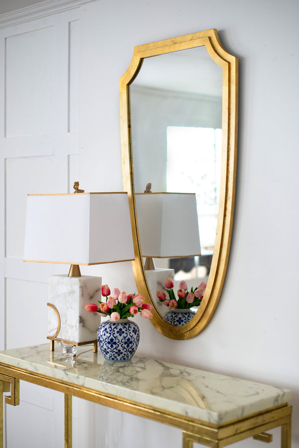 English Elm 24x46" Shield-Shaped Decorative Mirror with Gold Frame — Chic Wall Accent for Foyer, Bath, Living Room W2078P399177