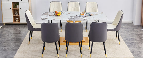 English Elm Table Set With Luxurious Pandora Glass Top & Gold C-Shaped Legs, 8 Ergonomic Pu Chairs Included W1151S03247-GIGA