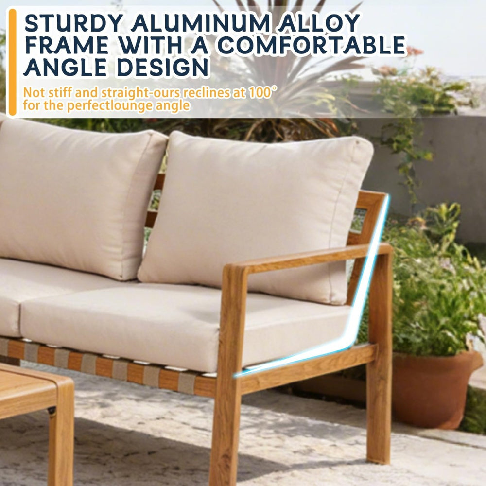 English Elm 4-piece Outdoor Aluminum Sectional with Wood Grain Finish and Cushioned Patio Seating T5880S00015