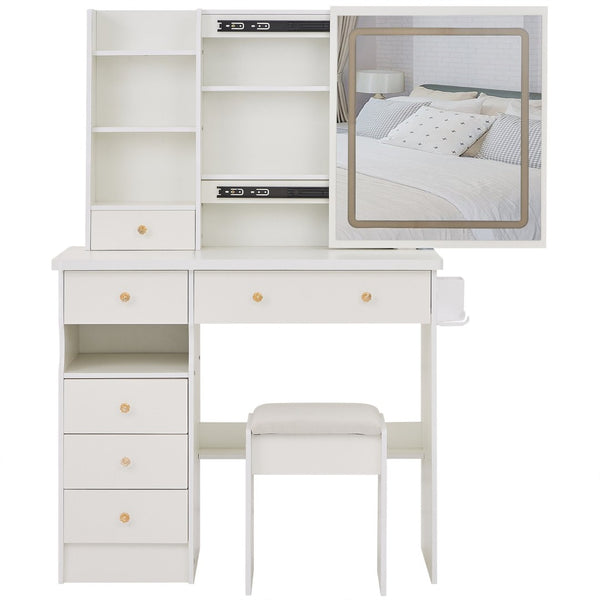 English Elm 37" Vanity Table Set with Led Mirror Stool Built-in Outlets and Hair Dryer Storage White W3258P448842
