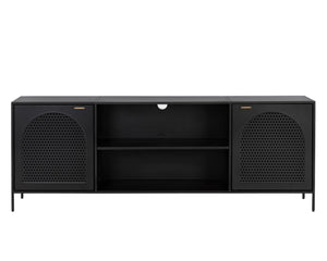 Sunpan Aziza Industrial Media Console with Brass Handles, Arched Perforated Design & Cord Management