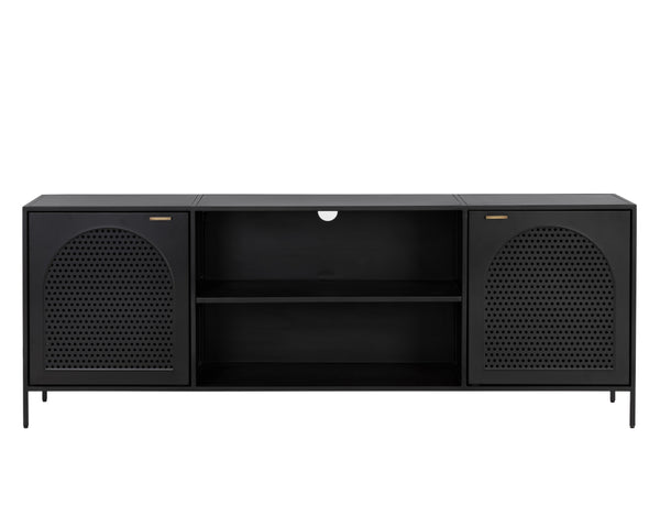 Sunpan Aziza Industrial Media Console with Brass Handles, Arched Perforated Design & Cord Management