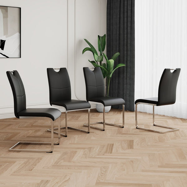 English Elm Modern Faux Leather Dining Side Chairs with Chrome Legs Ergonomic Set of 2 Black+Silver W210127285