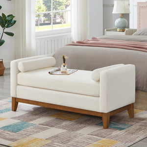 English Elm Large Boucle Upholstered Window Bench with Armrests and Throw Pillows for Entryway Ivory W2186P454317