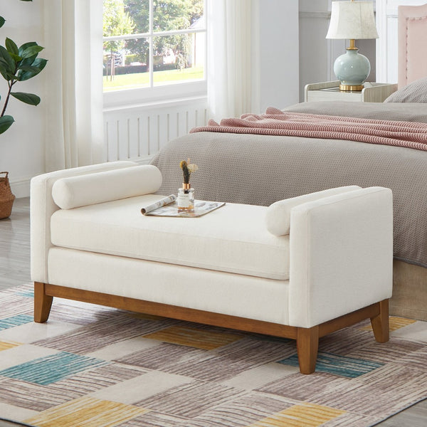 English Elm Large Boucle Upholstered Window Bench with Armrests and Throw Pillows for Entryway Ivory W2186P454317