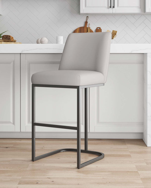 English Elm Serena Metal Upholstered Barstool with Matte Black Frame, Leatherette Cushion, Commercial Grade Comfort LIGHT GREY B365P397942