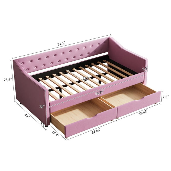 English Elm Twin Size Upholstered Daybed With Storage Drawers, Button-Tufted Pink Sofa Bed For Stylish Comfort W2336S00032-GIGA