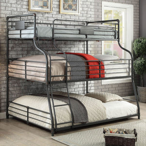 English Elm Twin Over Full Over Queen Industrial Bunk Bed - Metal Frame, Antique Black Finish & Curved Ladder B2741S00350-GIGA