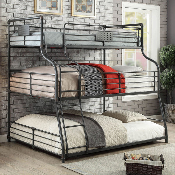 English Elm Twin Over Full Over Queen Industrial Bunk Bed - Metal Frame, Antique Black Finish & Curved Ladder B2741S00350-GIGA