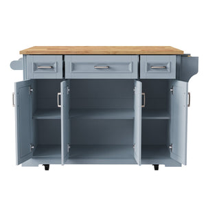 English Elm K&k Farmhouse Rolling Kitchen Island Rubberwood Drop Leaf 3 Drawers 4 Cabinet Doors Grey+Blue N707S195395G