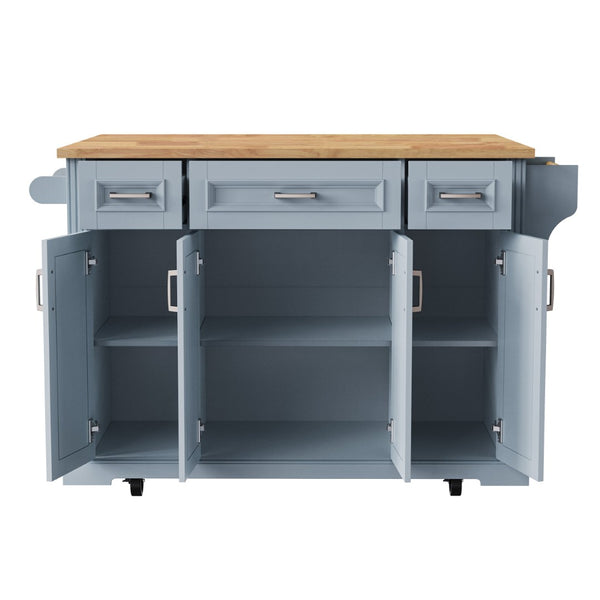 English Elm K&k Farmhouse Rolling Kitchen Island Rubberwood Drop Leaf 3 Drawers 4 Cabinet Doors Grey+Blue N707S195395G