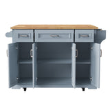 English Elm K&K 54Inch Large Kitchen Island With Rubber Wood Drop Leaf, Embossed Texture Rolling Kitchen Cart On 4 Wheels With 4 Doors and 3 Drawers, Kitchen Island With Storage For Kitchen, Dining Room,Grey Blue