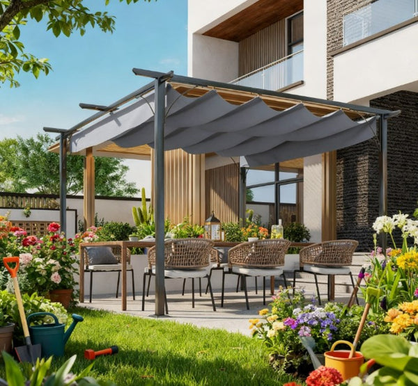 English Elm Metal Pergola with Retractable Canopy Uv Resistant Steel Frame Outdoor Patio Shade T3971P426097