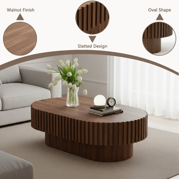 English Elm Oval Fluted Walnut Coffee Table Sculptural Pedestal Base Mid Century Living Room W3204P391004
