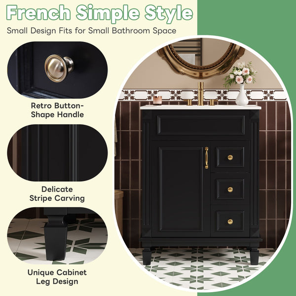 English Elm 24" French-Inspired Bathroom Vanity With Ceramic Sink, 2 Soft-Close Drawers & Adjustable Shelf N710P318989B