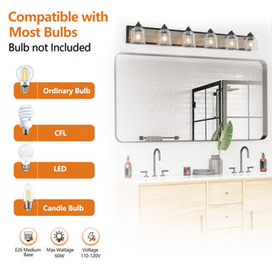 English Elm 49" Farmhouse Vanity Light Fixture - 6-Light Industrial Bathroom Sconce with Clear Seeded Glass Shades, Black Wood Finish W2312P374829