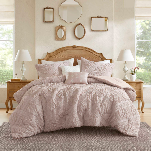English Elm 5-Piece Sculpted Jacquard Comforter Set Full/Queen with Plush Polyester Fill, Elegant Texture Pink 12.99 L x 17.01 W x 6.5 H B035P408222