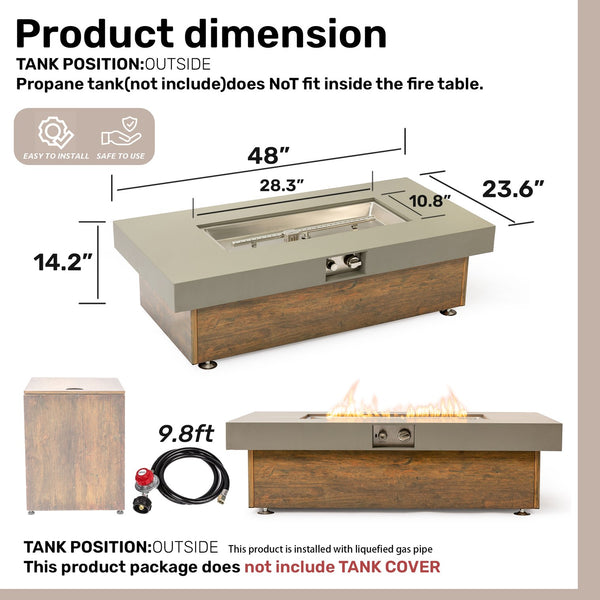 English Elm 48_inch Iron Fire Pit Table with Wood Grain Gray - Modern Outdoor Propane Table, Stainless Burner, Seats 5-6 W3131P277179