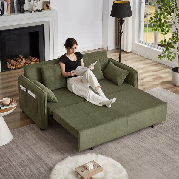 English Elm FX'' 66 Inch Sleeper Sofa Bed 3-in-1 Convertible Pullout Sofa with Plush Corduroy, 4 Pillows, Pockets Green W1926S00057