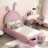 English Elm Twin Size Upholstered Rabbit-Shape Bed With 2 Storage Stools, Velvet Platform Bed With Cartoon Ears Shaped Headboard, Pink