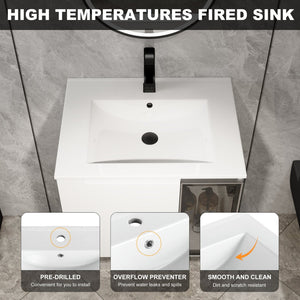 English Elm 24" Floating Bathroom Vanity Glossy White Plywood Cabinet Ceramic Sink Soft Close W999S00523