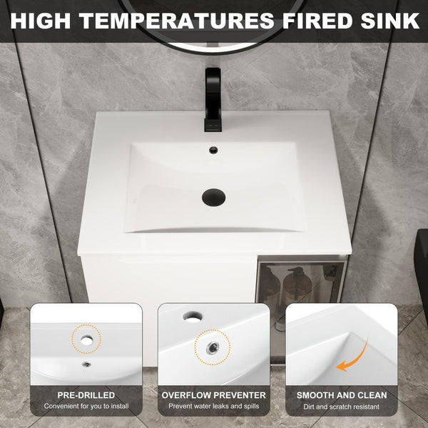 English Elm 24" Floating Bathroom Vanity Glossy White Plywood Cabinet Ceramic Sink Soft Close W999S00523