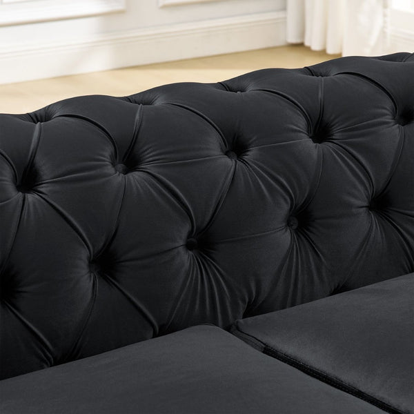 English Elm 2 Piece Velvet Chesterfield Sofa Set with Gold Steel Trim Button Tufted Living Room Couch Black W1191S00099