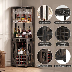 English Elm 67.3" Farmhouse Corner Bar Cabinet Led Lit Wine Storage with Built-in Power Outlets N735P361429D