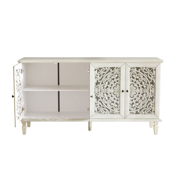 English Elm 60" Hand-Carved Floral Buffet Cabinet with Solid Wood Legs, Brass Handles, Adjustable Shelves, TV Stand Antique White W1445P327887