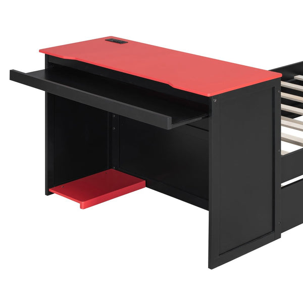 English Elm Twin Wood Gaming Daybed with Trundle Built-in Desk Rgb Lighting and Usb Port Black+Red LT000283AAR