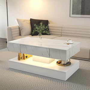 English Elm 16.93IN LED Coffee Table with Remote RGB Lighting, Spacious Drawer, Melamine Finish, Modern Elegance White,White Marble W331P269983