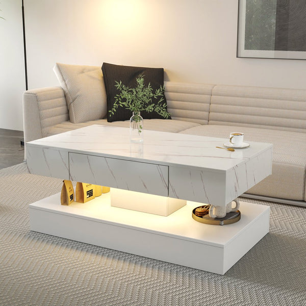 English Elm 16.93IN LED Coffee Table with Remote RGB Lighting, Spacious Drawer Storage, Modern Durable Design White,White Marble W331P269983