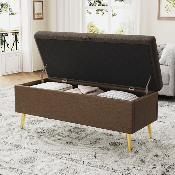 English Elm Modern Boucle Tufted Storage Ottoman Bench with Gold Legs for Bedroom or Entryway Coffee N719P305620D