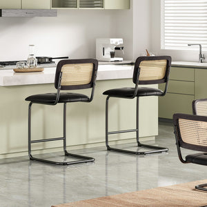 English Elm Farini Velvet Counter Height Bar Stools Set of 2 with Rattan Back, Cantilever Comfort & Floor Protectors Black T3623P354965