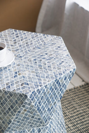 English Elm 19x19x20" Tapered Blue Capiz Stool Accent Table — Hexagon Inlay Pedestal, Geometric Charm for Entryways W2078P409466