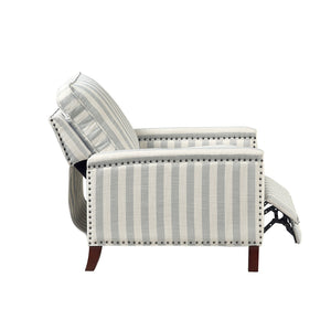 English Elm 1pc Push Back Recliner Chair in Beige-Blue Stripe Fabric with Nailhead Trim, Solid Wood Frame, CozyComfort B011P396189