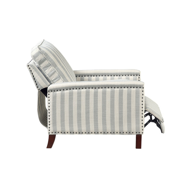 English Elm 1pc Push Back Recliner Chair in Beige-Blue Stripe Fabric with Nailhead Trim, Solid Wood Frame, CozyComfort B011P396189