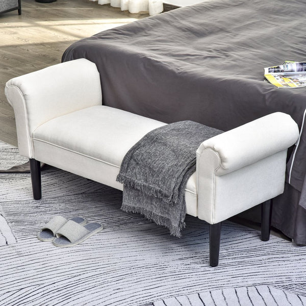 English Elm HOMCOM Upholstered Linen 52" End of Bed Bench with Armrests, Padded Ottoman Seat and Under-Storage Cream White W2225P217017