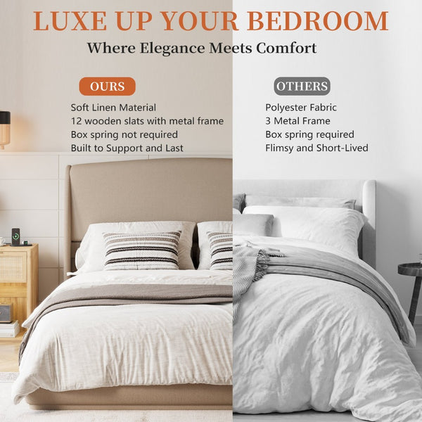 English Elm Upholstered Queen Platform Bed Curved Wingback Linen Headboard Modern Bedroom Frame Brown N733S439498N