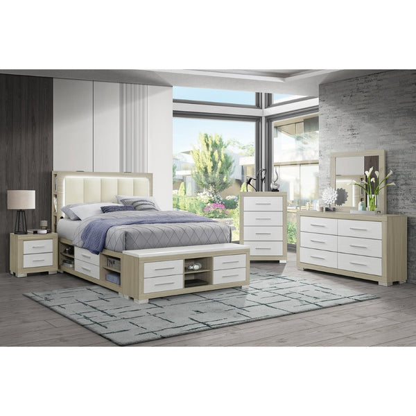 English Elm Messa Full Storage Bed Bookcase Headboard Led Lighting Urban Contemporary Bedroom Natural+White B201S00360