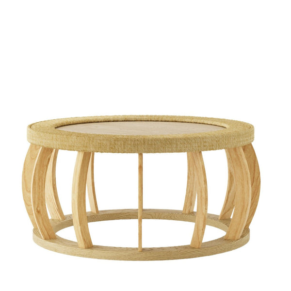 English Elm 35.43"vintage Woven Rattan Round Coffee Table Curved Wood Legs Boho Living Room W757P383547