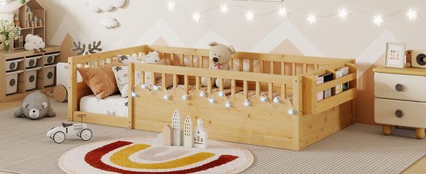English Elm Twin Montessori Floor Bed Frame with High Rails and Built-In Light Shelf for Safe Independent Sleep Natural 79.13 L x 13 W x 6.3 H W2593P333571