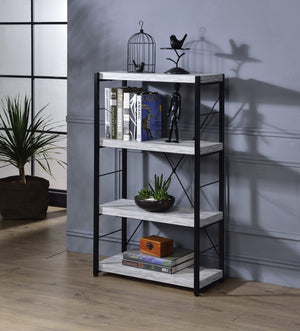English Elm Jurgen Industrial Antique White & Black Bookshelf – 4 Faux Concrete Shelves, Metal Frame, Freestanding B2726P287312