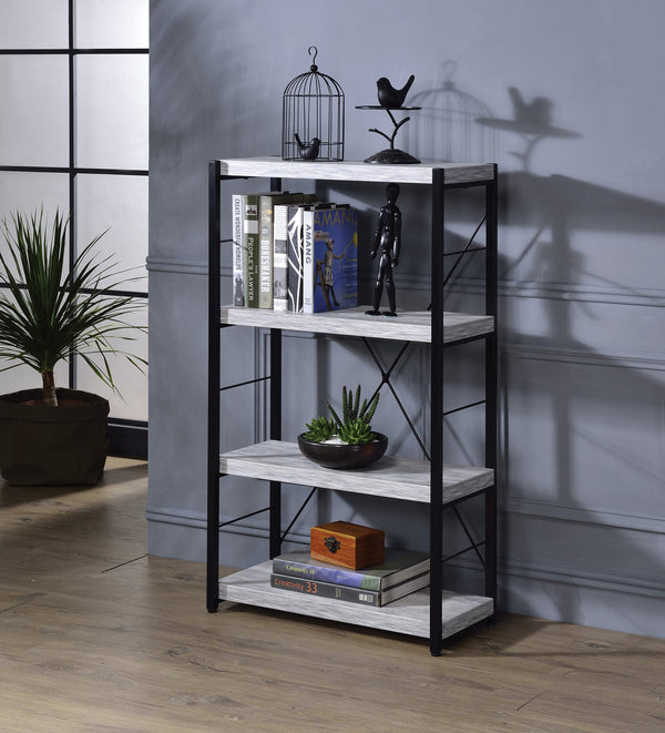 English Elm Jurgen Industrial Antique White & Black Bookshelf – 4 Faux Concrete Shelves, Metal Frame, Freestanding B2726P287312