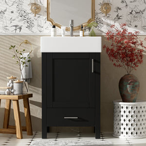 English Elm 20.28'' 20.28" Modern Bathroom Vanity with Ceramic Sink, Solid Wood Frame, Soft-Close Drawer & Cabinet - Space-Saving Design Black N729P277755B