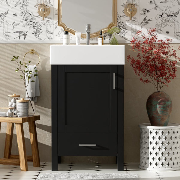 English Elm 20.28'' 20.28" Modern Bathroom Vanity with Ceramic Sink, Solid Wood Frame, Soft-Close Drawer & Cabinet - Space-Saving Design Black N729P277755B