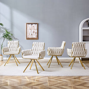 English Elm Set of 2 Velvet Upholstered Dining Chairs Braided Rope Back Glam Metal Legs Beige,Gold W3875P383929