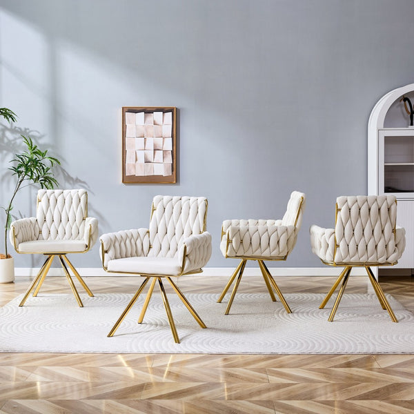 English Elm Set of 2 Velvet Upholstered Dining Chairs Braided Rope Back Glam Metal Legs Beige,Gold W3875P383929