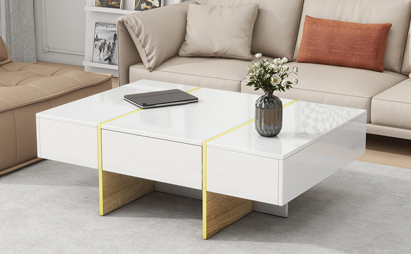 English Elm ON-TREND 47.2" x 31.4" High-Gloss Minimalist Coffee Table with 2 Drawers, Golden Wood-Grain Legs, Modern Centerpiece for Living Room White N721P180693K